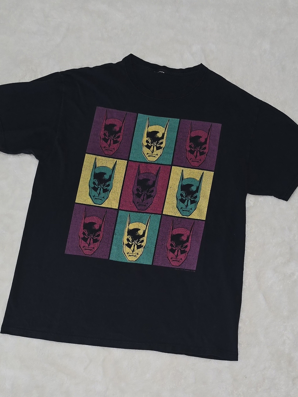 Vintage DC Comics Batman Pop Art T-Shirt Black Grid Graphic Tee Small Hole Defec